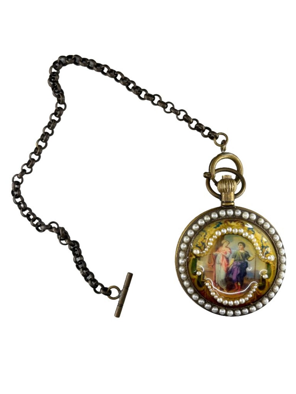 Vintage Art Pocket Watch 50mm Pearl Bezel Classical Painting Dial 300mm Chain